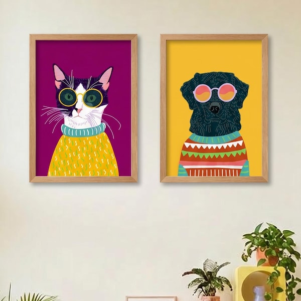 Custom Pet Portrait, Colorful Retro Pop Art, Dopamine Decor Art Print