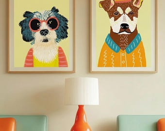 Custom Pet Portrait, Colorful Retro Pop Art, Dopamine Decor Art Print