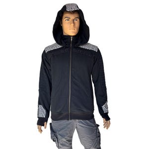 Shipibo Zipped Hoodie and electric grid embroidery with warm fleece lining: Psytrance Festival Clothing, ayahuasca