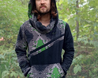 Gezellige katoenen hoodie met fleecevoering, kangoeroezak en ontwerp met heilige geometrie – Honeycomb Hexagons en LSD Molecule Chic