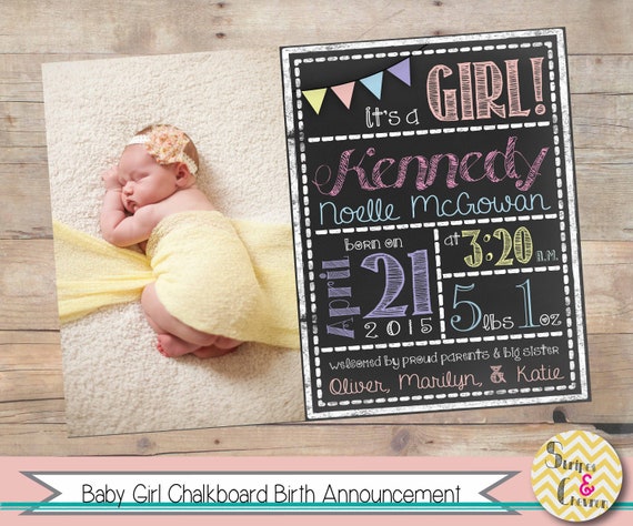 Birth Announcement Photo Card, Printable Girl Birth Announcement, Baby Girl Announcement Card, Chalkboard Birth Card, Personalized Template Il_570xn