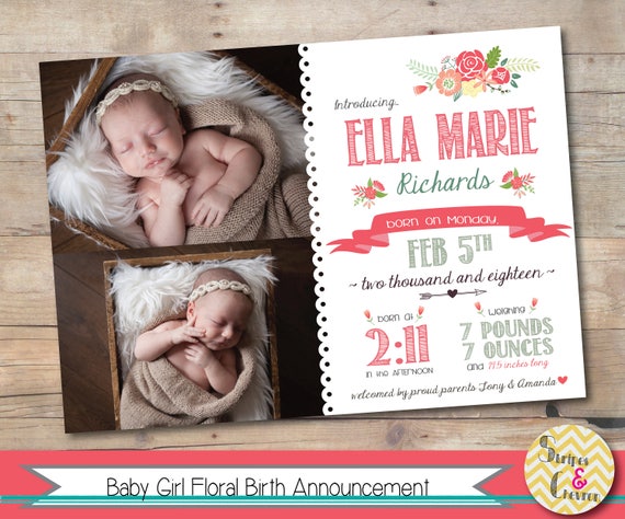Download Custom Announcements Modern Newborn Announcement Printable Baby Girl Birth Announcement Card Digital Photo Birth Announcement With Stats Paper Paper Party Supplies