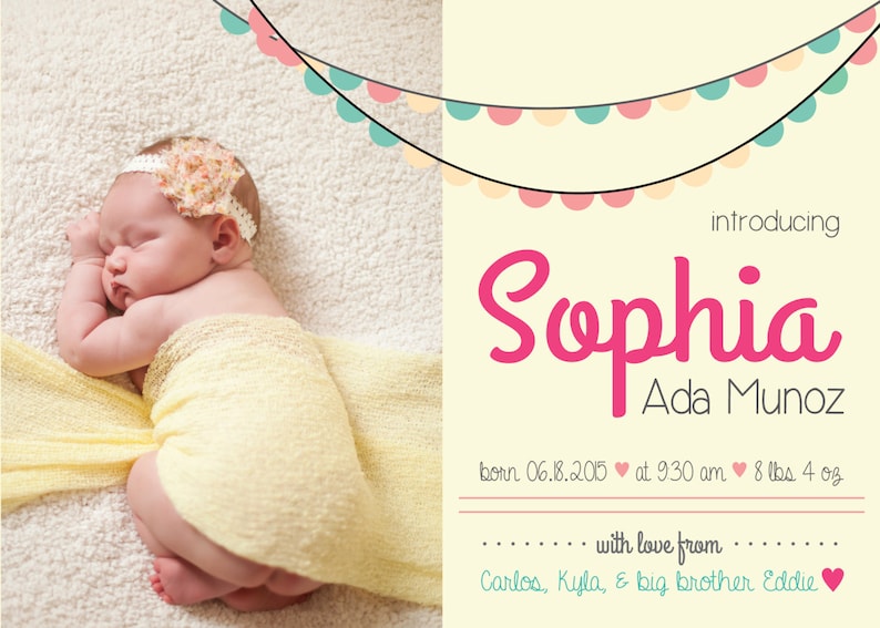 Yellow Baby Girl Birth Announcement Baby Announcement Card Personalized Printable Photo Announcement Template Photo Birth Announcement