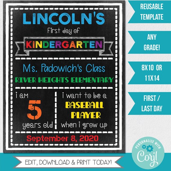 EDITABLE First Day of School Sign, Printable Back to School Sign, 1st Day of Kindergarten, Last Day of School, Edit Yourself Corjl Template Il_570xn