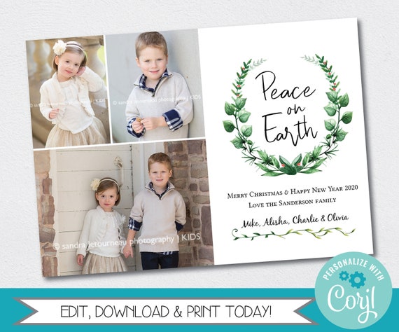 EDITABLE Photo Christmas Card Template, Peace on Earth Printable Card, Personalized Religious Card With Greenery, Edit Yourself With Corjl Il_570xn