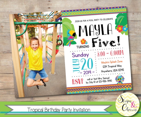 Tropical Invitation, Printable Pool Party Birthday Invitation, Luau Invitation, Hawaiian Birthday Invite, Personalized Photo Invitation Kids Il_570xn