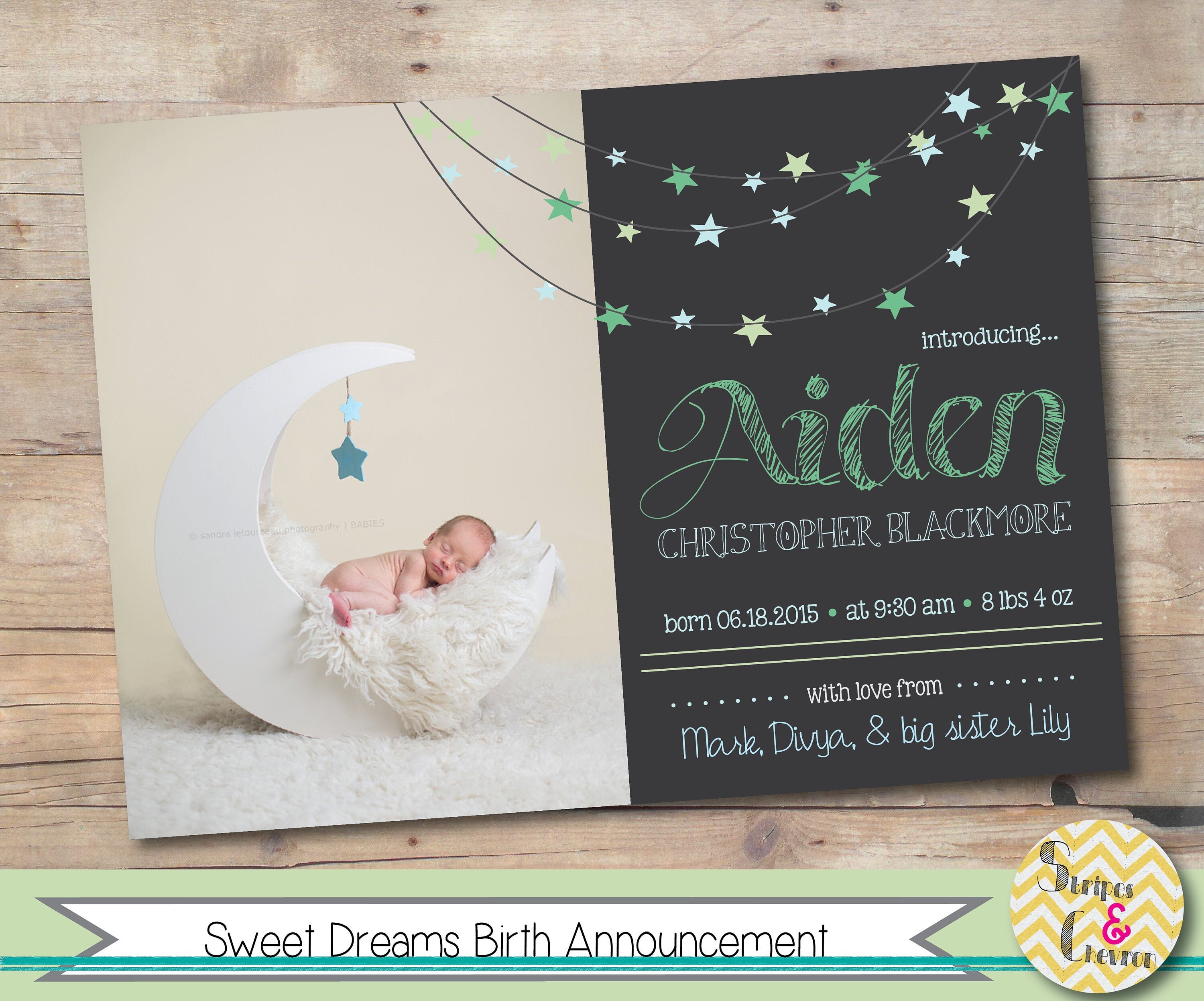 Baby Boy Birth Announcement Moon And Stars Baby Announcement Etsy