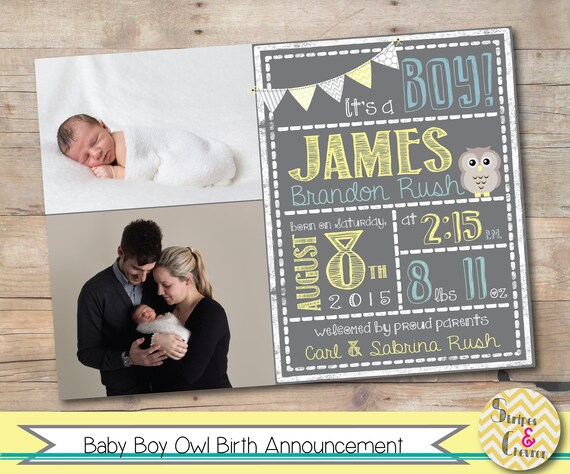 Baby Boy Birth Announcement Template, Personalized New Baby Card, Baby Owl Birth Stats Card, Owl Theme Photo Card, Yellow, Grey, & Blue Card Il_570xn