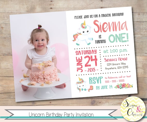 Unicorn Invitation, Printable Unicorn Birthday Invitation, Personalized Photo Invitation, Pastel Unicorn Party Invite, First Birthday Girl Il_570xn