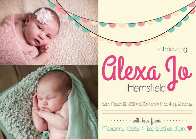 Yellow Baby Girl Birth Announcement Baby Announcement Card Personalized Printable Photo Announcement Template Photo Birth Announcement