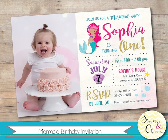 Mermaid Birthday Invitation, Printable Mermaid Party Invite, 1st Birthday Girl Photo Invitation, Under the Sea, Mermaid Party Ideas, Glitter Il_570xn