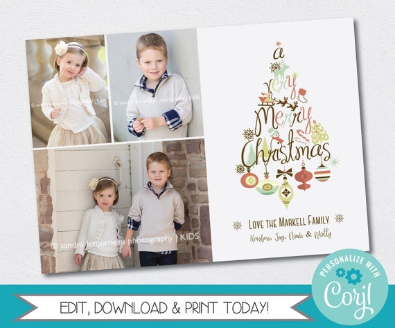 EDITABLE Photo Christmas Card Template, Printable Christmas Tree Card, Personalized Retro Christmas Card, Edit Yourself, Corjl Template Il_570xn
