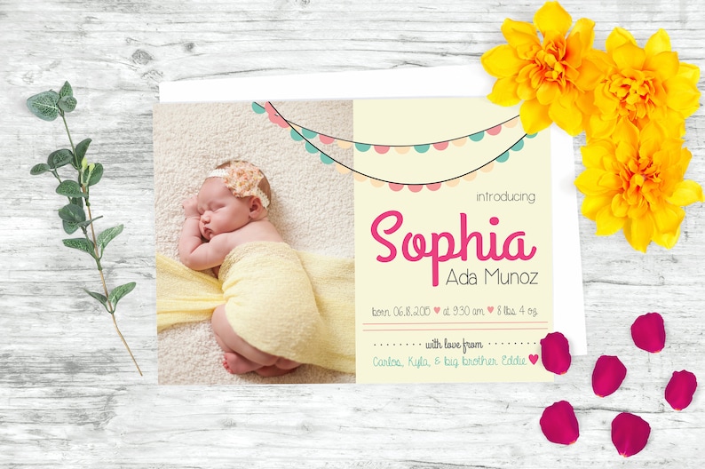 Yellow Baby Girl Birth Announcement Baby Announcement Card Personalized Printable Photo Announcement Template Photo Birth Announcement