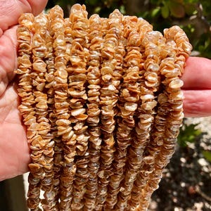 May include: Strands of small, irregular, light brown shell beads. The beads are strung together, creating multiple vertical lines. The beads have a natural, iridescent sheen, and are held in a hand against a blurred green background.