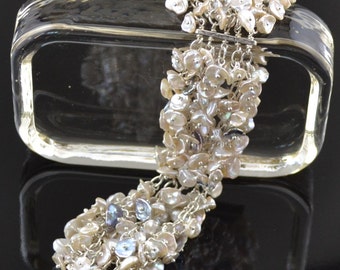 Keshi pearl flowers 5 strand wide artisan jewelry bracelet.