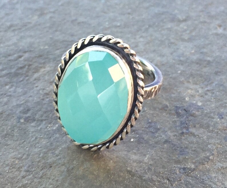 Aqua Chalcedony artisan jewelry ring with hammered band image 3
