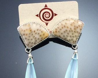 Petrified palm and faceted aqua chalcedony silver post earrings.