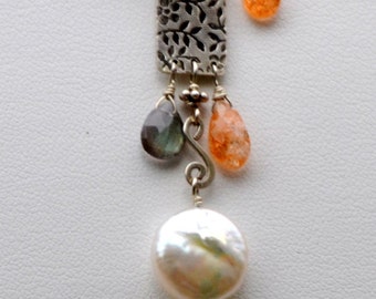 Oregon sunstone, labradorite, pearl and sterling silver necklace.