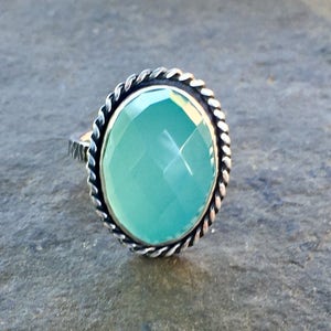 Aqua Chalcedony artisan jewelry ring with hammered band image 1