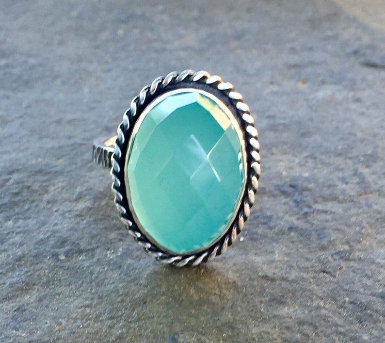 Aqua Chalcedony artisan jewelry ring with hammered band image 1