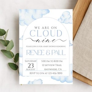 Cloud Nine Baby Shower Invitation – Editable Canva Template – Blue Sky Watercolor Invite – Instant Printable Download – Gender Neutral
