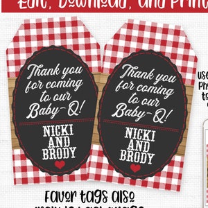 May include: Printable favor tags with a red and white checkered background. The tags say "Thank you for coming to our Baby-Q! Nicki and Brody". The image also shows a phone screen with a similar tag and text that says "Personalize with Corjl".