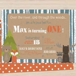 Woodland Birthday Party Invitation, Woodland Birthday Party Decorations- Woodland Party, Fox Birthday Invitation, First Birthday, 1st