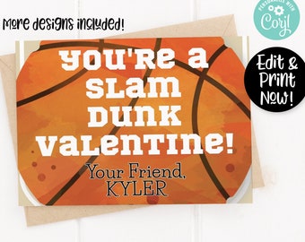 Sports Printable Valentine Card, Kids Valentines Day Card, School Valentine Exchange, Boys Class Valentine, Basketball Valentine, Preschool