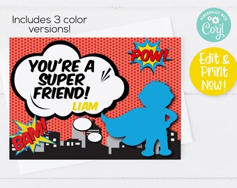May include: A printable Valentine's Day card featuring a superhero theme. The card has a red background with white polka dots and a speech bubble that says "You're a Super Friend!" with the name "Liam" written below. The card also features a superhero silhouette in a blue cape and a cityscape in the background.