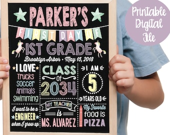 First Day of School Sign, Back to School Sign, 1st Day of School Sign, Printable School Sign, School Chalkboard Sign, Unicorn, Girl 1st Day