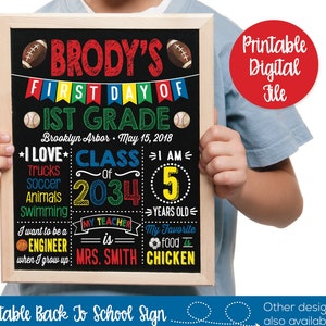 First Day of School Sign, Back to School Sign, 1st Day of School Sign, Printable School Sign, School Chalkboard Sign, Sports, Boys First