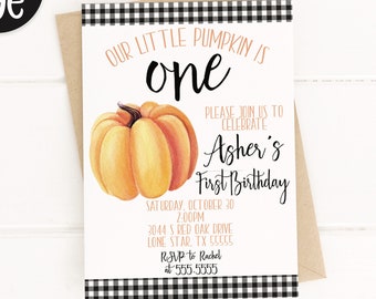 May include: Printable invitation set for a first birthday party with a pumpkin theme. The invitation features a watercolor illustration of a pumpkin and the text "Our little pumpkin is one". The invitation also includes the child's name, "Asher's First Birthday", the date and time of the party, the address, and RSVP information.