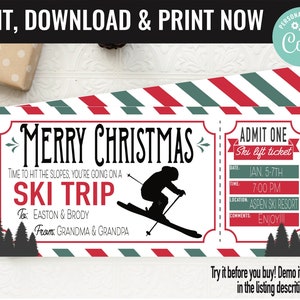 Christmas Ski Trip Ticket Surprise Gift Voucher, Ski Lift Ticket Printable Template Gift Card, Editable Instant Download, Gift Certificate