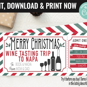 Christmas Winery Trip Ticket Surprise Gift Voucher, Wine Tasting Printable Template Gift Card, Editable Instant Download, Gift Certificate
