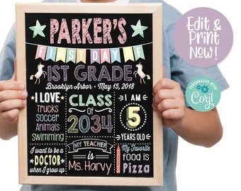 First Day of School Sign, Back to School Sign, 1st Day of School Sign, Printable School Sign, School Chalkboard Sign, Unicorn, Girl 1st Day