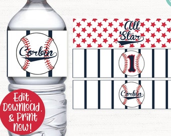 Baseball Water Bottle Label, Baseball Drink Bottle Label, Baseball Birthday Party Decorations, Baseball Printable, 1st Birthday, Boys Birthd