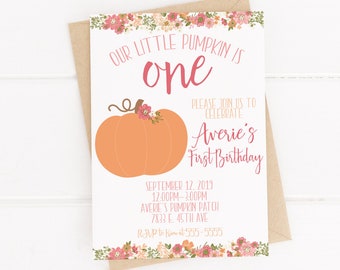 Pumpkin Birthday Party Invitation, Pumpkin Birthday Party Decorations, Little Pumpkin Birthday, Fall Birthday, Girl First Birthday, 1st Birt