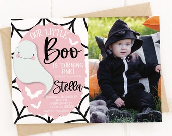Little Boo Pink Ghost Birthday Party Invitation, Halloween Birthday, Our Little Boo Decor, First Birthday Party, 1st Birthday, Cute Ghost