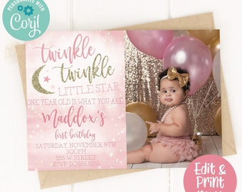 Editable Twinkle Twinkle Little Star Birthday Party Invitation, Girls First Birthday Invite, Twinkle 1st Birthday, Gold Pink, Digital Invite