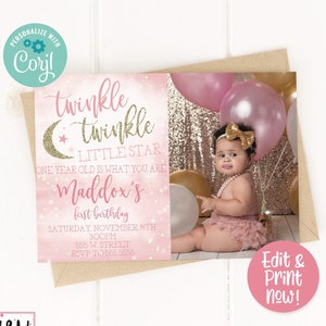 Editable Twinkle Twinkle Little Star Birthday Party Invitation, Girls First Birthday Invite, Twinkle 1st Birthday, Gold Pink, Digital Invite