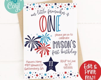 4th of July Birthday Party Invitation, Our little firecracker invitation, red white and blue, Patriotic Independence Day Birthday, 1st