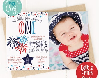 4th of July Birthday Party Photo Invitation, Our little firecracker invitation, red white and blue, Patriotic Independence Day Birthday, 1st