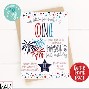 4th of July Birthday Party Invitation, Our little firecracker invitation, red white and blue, Patriotic Independence Day Birthday, 1st