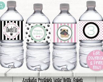 Puppy Dog Water Bottle Labels, Puppy Dog Drink Labels, Puppy Dog Birthday Party Decorations, Puppy Printable, Editable, 1st Birthday,