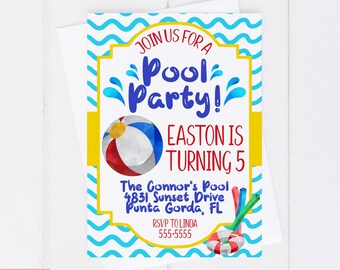 Pool Birthday Party Invitation, Summer Birthday Party Invitation, Beach Ball Invitation, Swimming Party Invitation, Pool Party Decorations