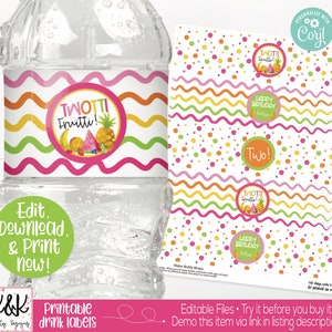 Twotti Fruitti Water Bottle Labels, Fruit Drink Labels, Fruit Birthday Party Decorations, Girls 2nd Birthday, Two-tti Fruitti, Second Birth
