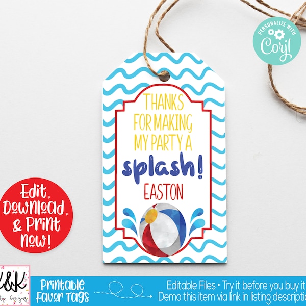 Pool Party Favor Tags, Pool Party Favors, Pool Party Thank You, Swimming Party Decorations, Beach Ball, Summer Birthday, Editable Printable