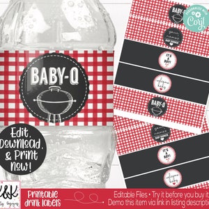May include: Printable water bottle labels with a red and white gingham pattern. The labels feature a black and white illustration of a grill and the text "Baby-Q".