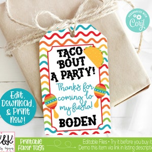 May include: Printable favor tag with a colorful design featuring a taco, maracas, and the text "Taco 'Bout A Party! Thanks for coming to my fiesta!" with a name placeholder. The tag is white with a blue, red, yellow, and green wavy border.