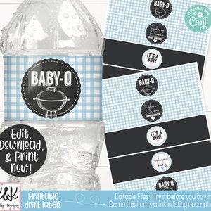 Baby Q Water Bottle Label, Baby Q Drink Label, Baby Q Baby Shower Decorations, Barbecue Baby Shower, BBQ Printable, Coed Couple Shower, Blue